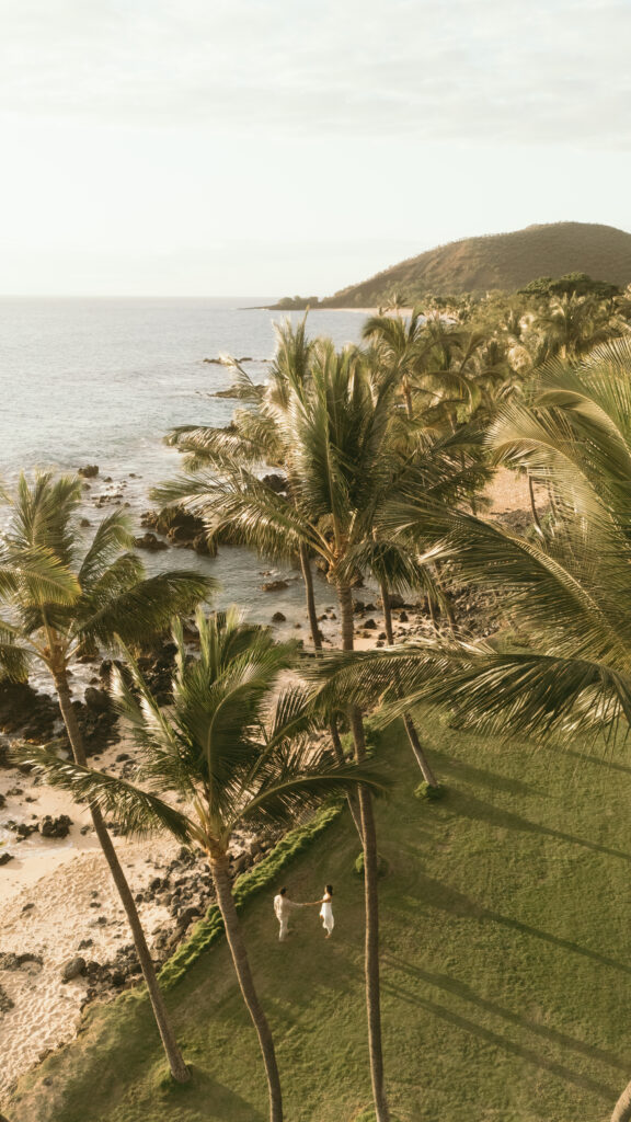 Sandy beaches and green grass by oceanside ceremony captured by Maui elopement photographer