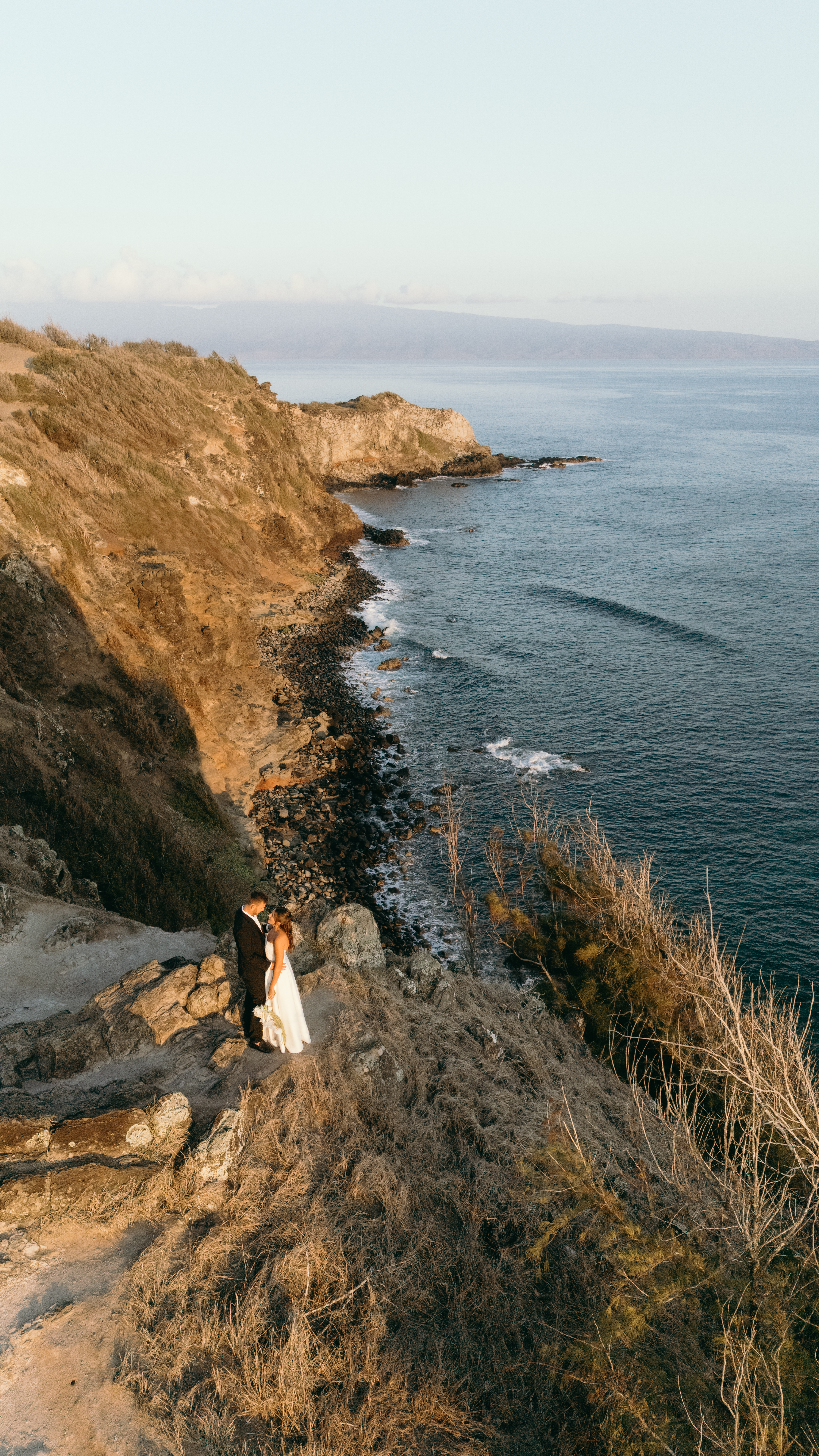 High-angle view of a bride and groom standing at the edge of a coastal cliff with the Pacific stretching beyond them.