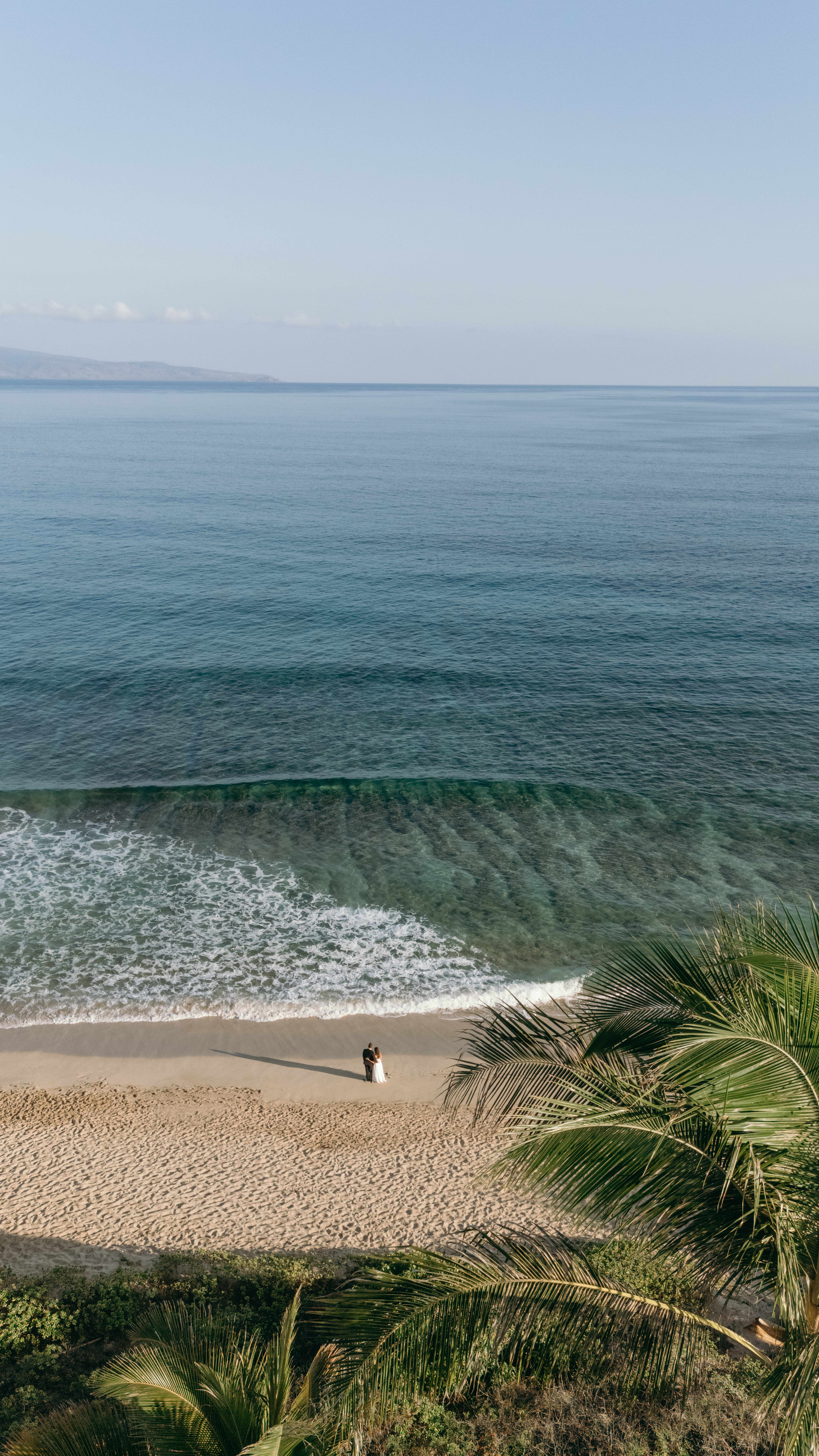 Aerial view of a secluded Maui beach framed by palm trees with a couple standing near the shoreline, ideal for drone videography.