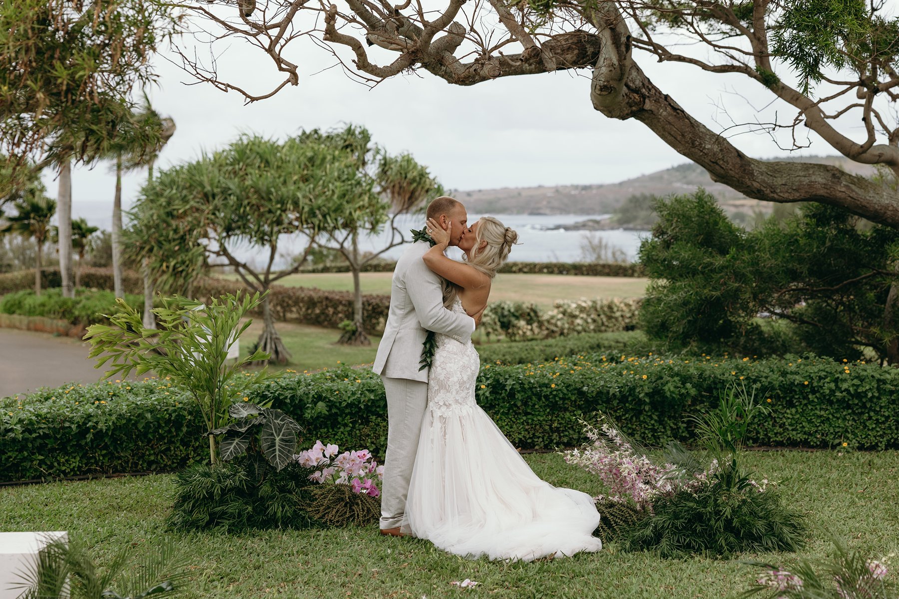 Romantic kiss beneath a windswept tree overlooking the coastline during an intimate Maui wedding ceremony.