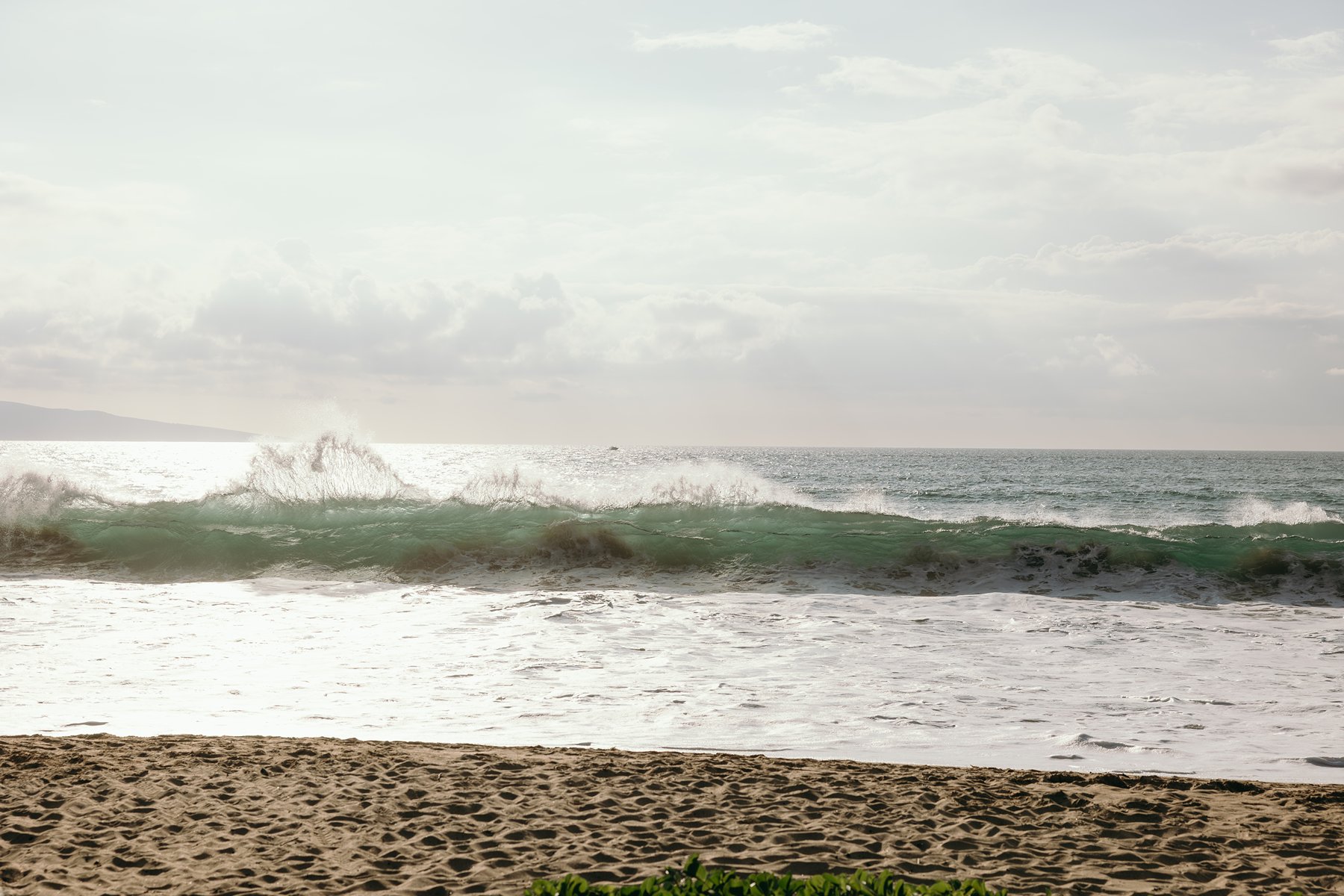 Rolling turquoise ocean wave breaking along a sandy Maui shoreline during golden hour.