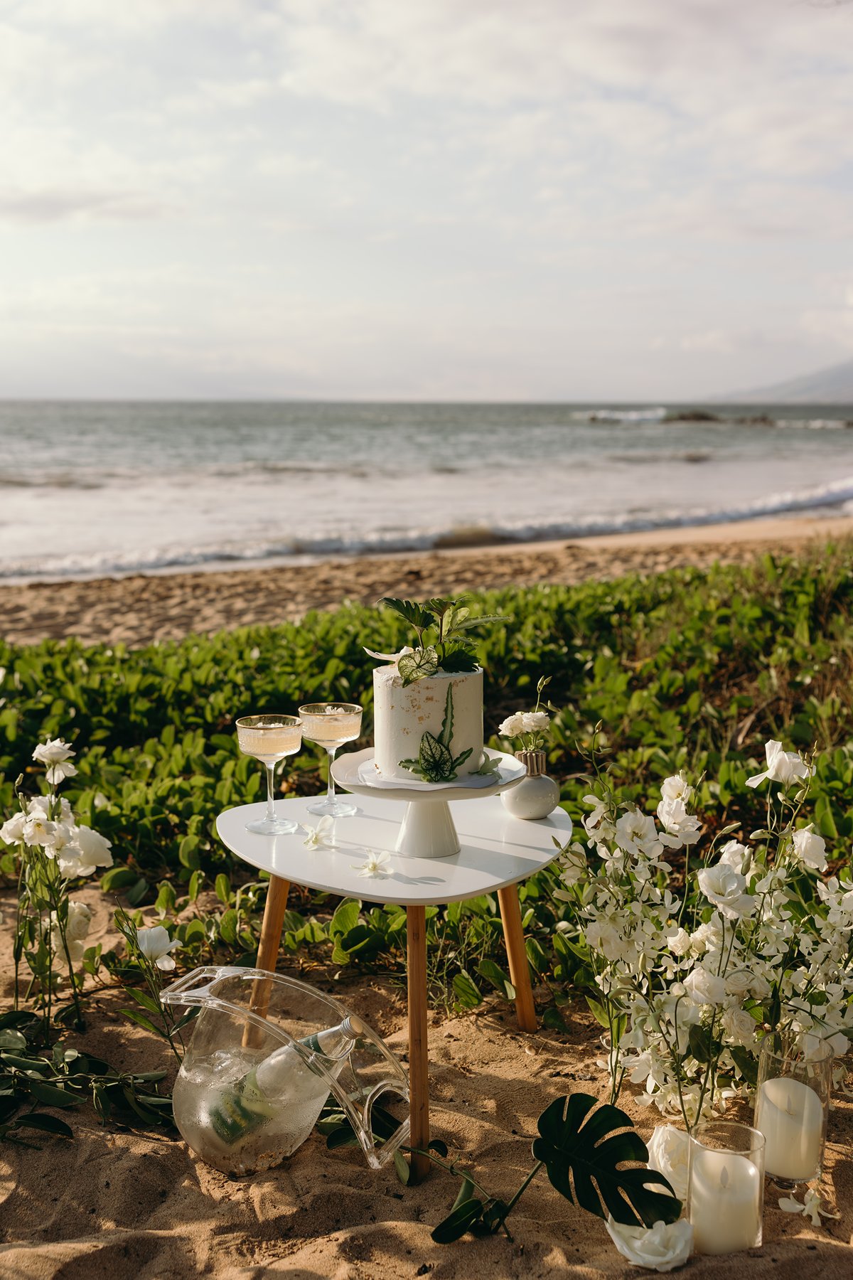 Small beachside cake table with tropical greenery and ocean view set up for an intimate Maui elopement photography celebration.